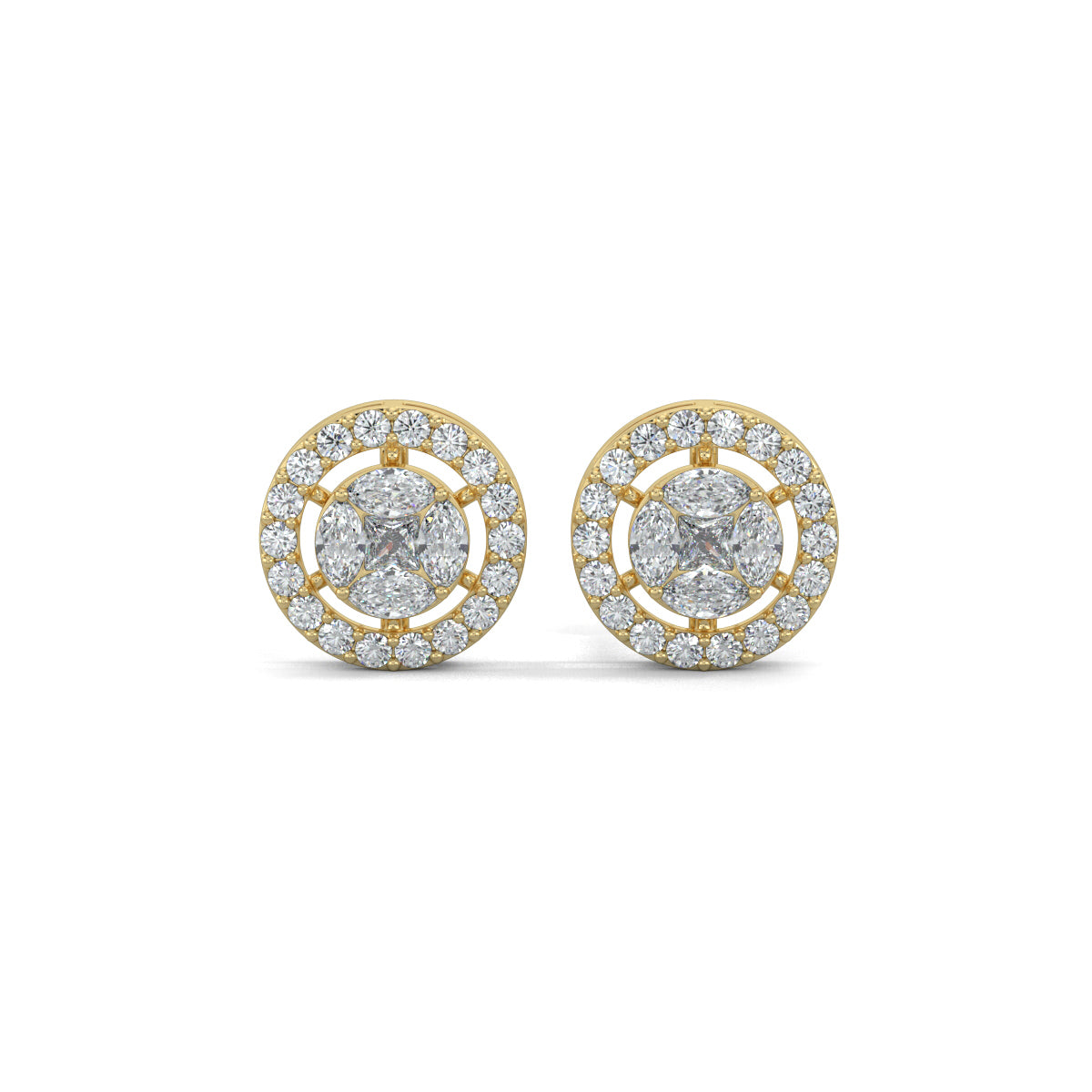 Yellow Gold, Diamond Earrings, Cirque Crown Stud Earrings, Natural diamonds, Lab-grown diamond halo setting studs with round, princess cut, and marquise diamonds