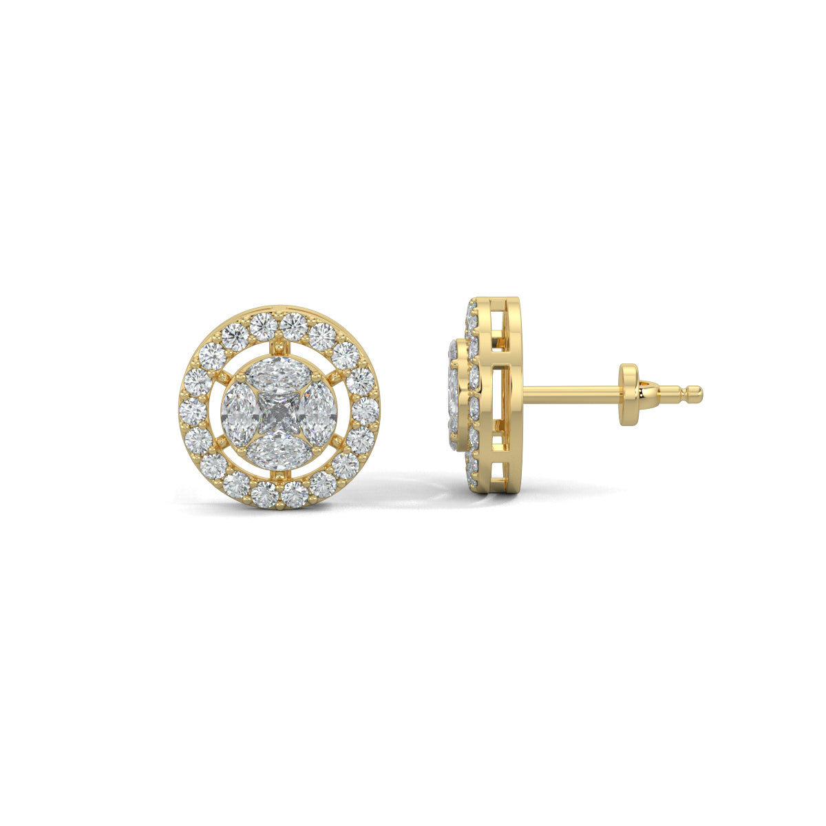 Yellow Gold, Diamond Earrings, Cirque Crown Stud Earrings, Natural diamonds, Lab-grown diamond halo setting studs with round, princess cut, and marquise diamonds