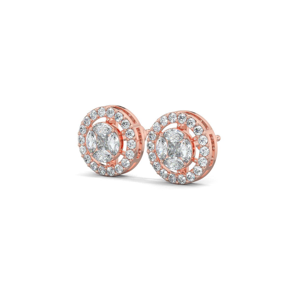 Rose Gold, Diamond Earrings, Cirque Crown Stud Earrings, Natural diamonds, Lab-grown diamond halo setting studs with round, princess cut, and marquise diamonds