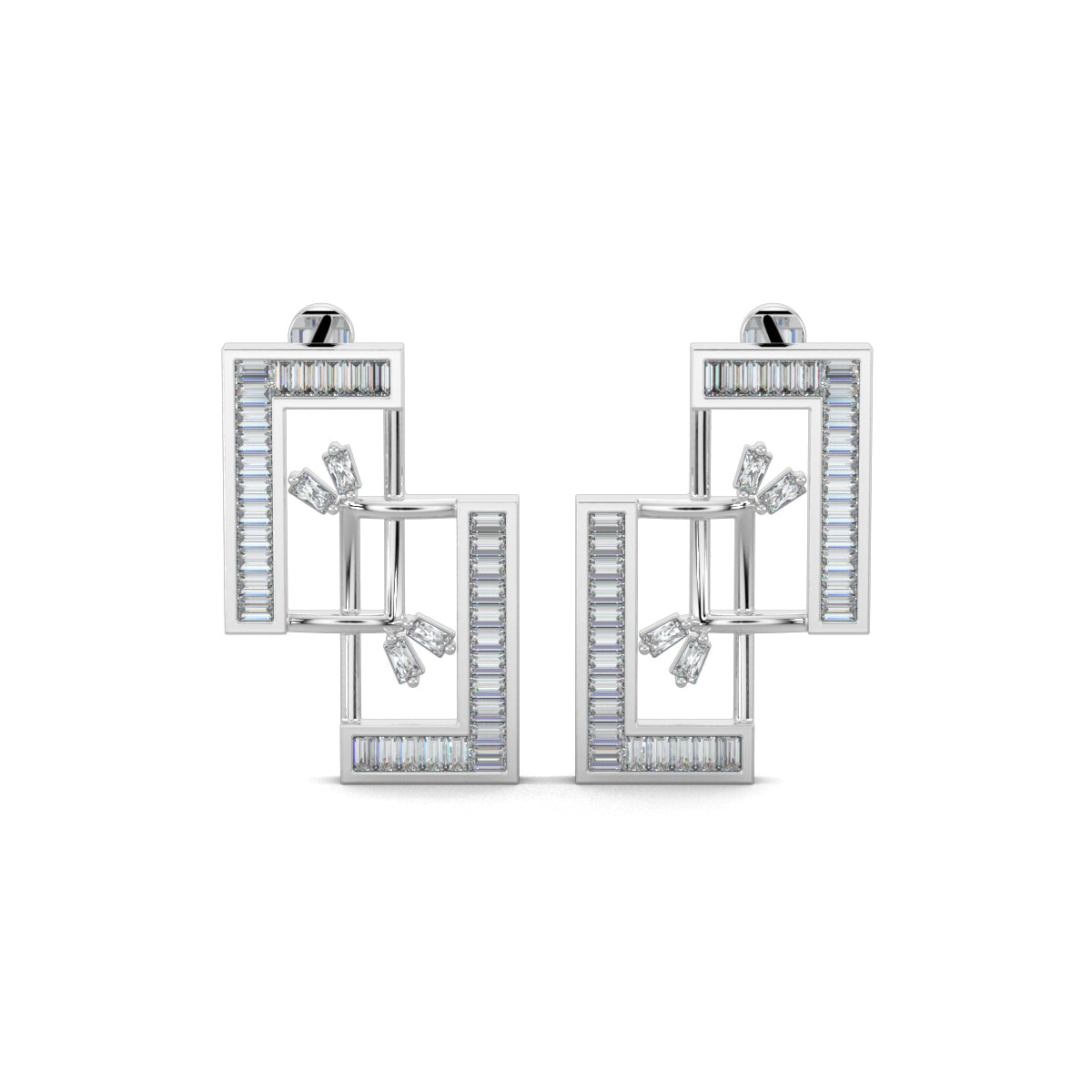White Gold, Diamond earrings, lab-grown diamonds, mid-length earrings, interconnected rectangles, baguette channeling, elegant jewelry, sophisticated design, ocassion jewellery