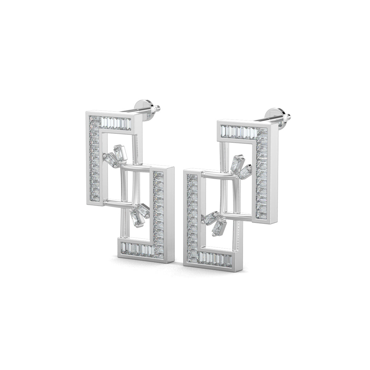 White Gold, Diamond earrings, lab-grown diamonds, mid-length earrings, interconnected rectangles, baguette channeling, elegant jewelry, sophisticated design, ocassion jewellery