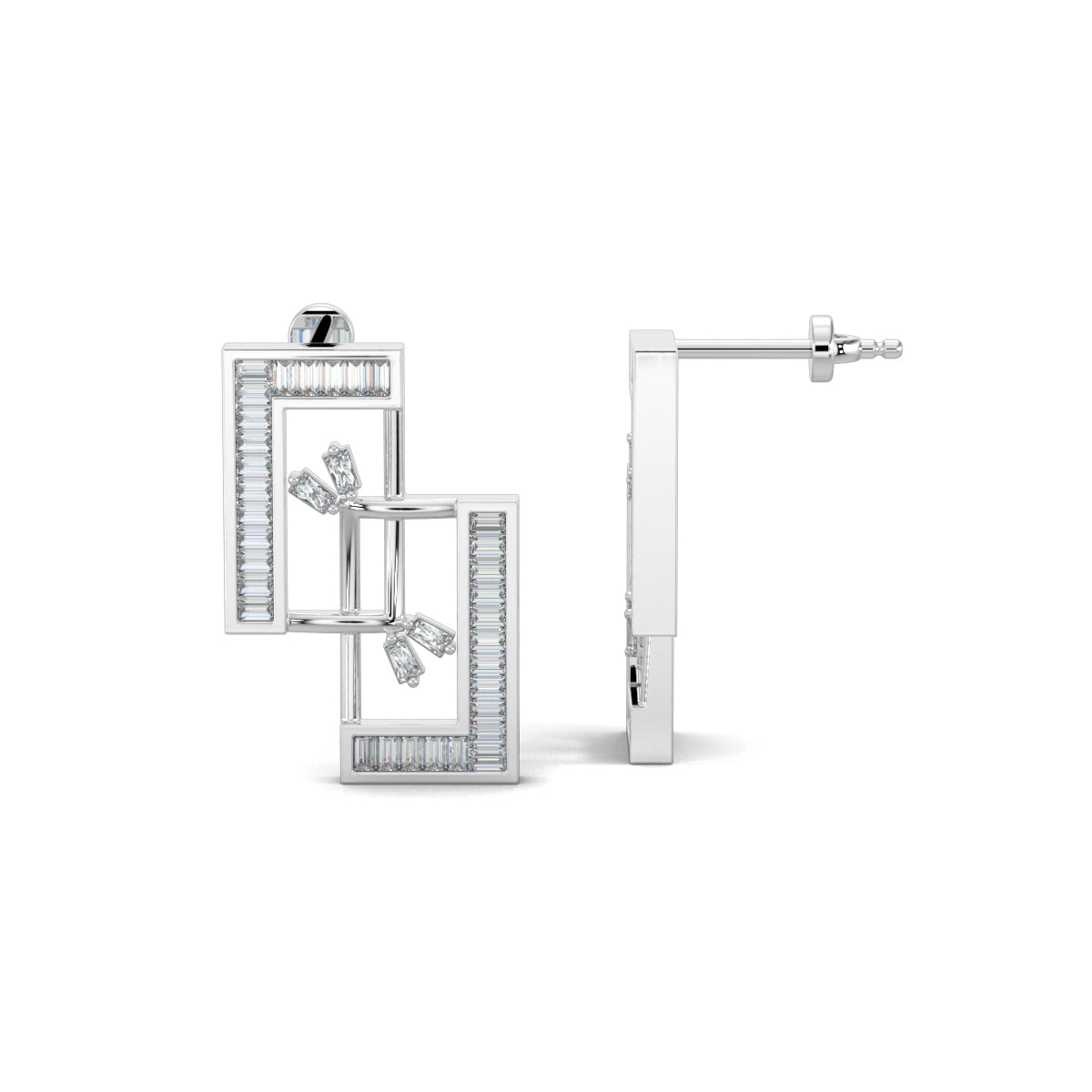 White Gold, Diamond earrings, lab-grown diamonds, mid-length earrings, interconnected rectangles, baguette channeling, elegant jewelry, sophisticated design, ocassion jewellery