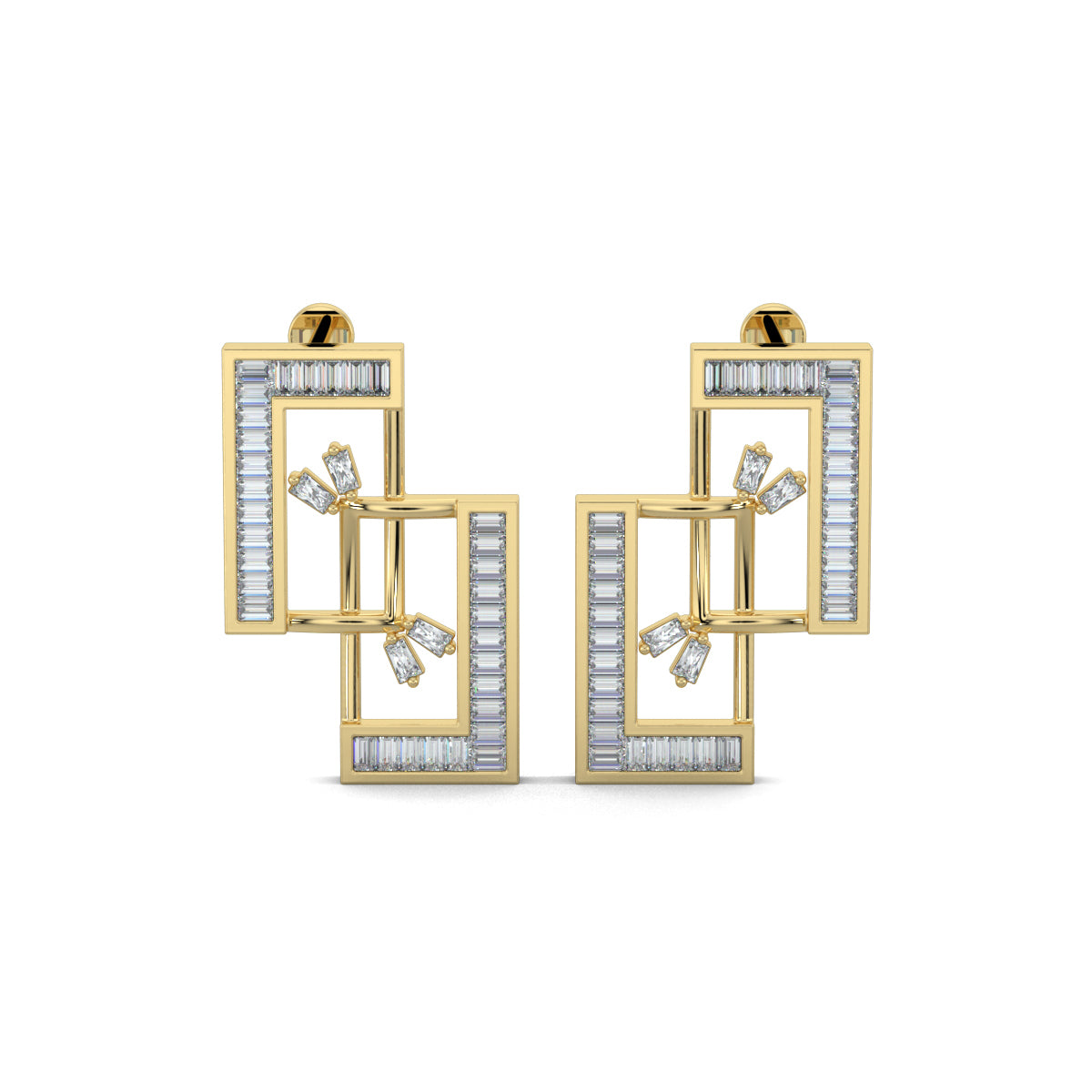 Yellow Gold, Diamond earrings, lab-grown diamonds, mid-length earrings, interconnected rectangles, baguette channeling, elegant jewelry, sophisticated design, ocassion jewellery
