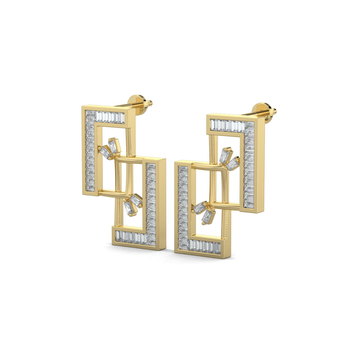 Yellow Gold, Diamond earrings, lab-grown diamonds, mid-length earrings, interconnected rectangles, baguette channeling, elegant jewelry, sophisticated design, ocassion jewellery