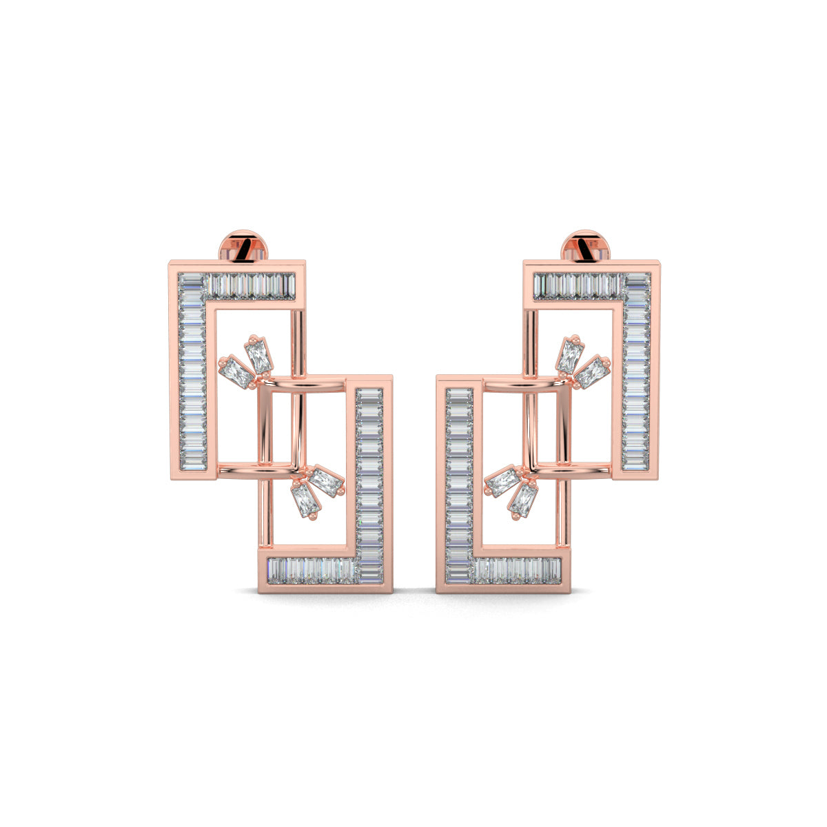 Rose Gold, Diamond earrings, lab-grown diamonds, mid-length earrings, interconnected rectangles, baguette channeling, elegant jewelry, sophisticated design, ocassion jewellery
