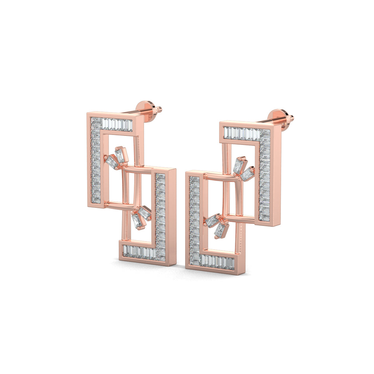 Rose Gold, Diamond earrings, lab-grown diamonds, mid-length earrings, interconnected rectangles, baguette channeling, elegant jewelry, sophisticated design, ocassion jewellery