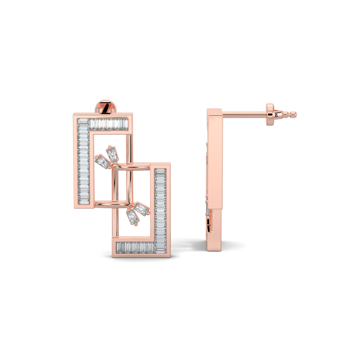 Rose Gold, Diamond earrings, lab-grown diamonds, mid-length earrings, interconnected rectangles, baguette channeling, elegant jewelry, sophisticated design, ocassion jewellery