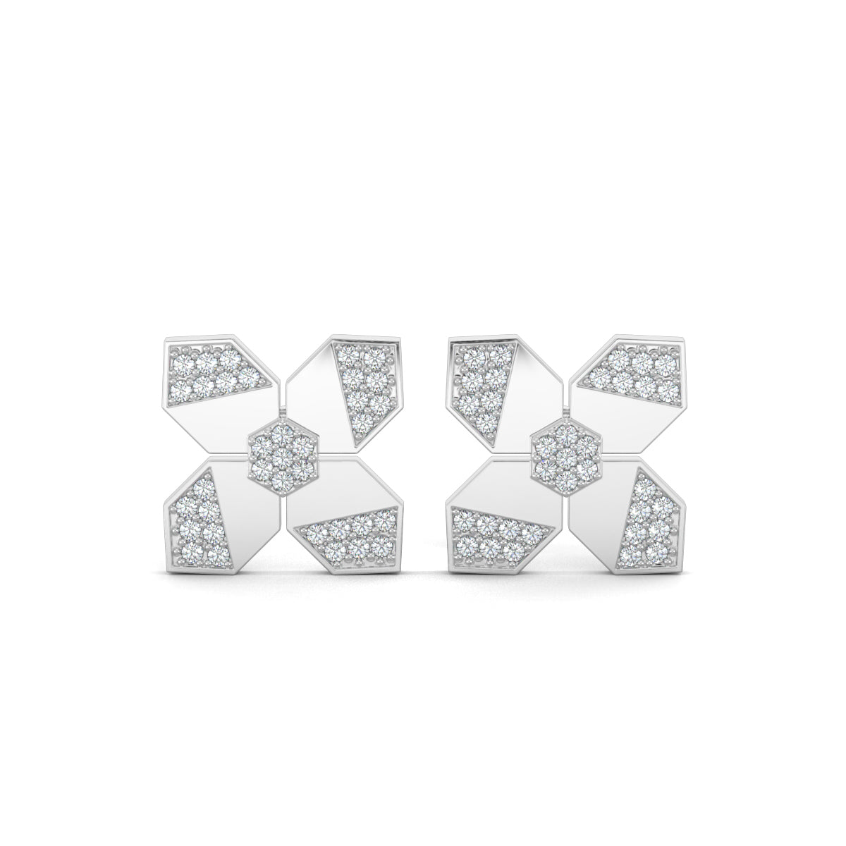White Gold, natural diamond earrings, Lab-grown diamond earrings, flower shape diamond studs, hexagon diamond earrings, nature-inspired jewelry, ethical diamond jewelry, sustainable luxury earrings, blossom hex diamond studs, elegant floral earrings.