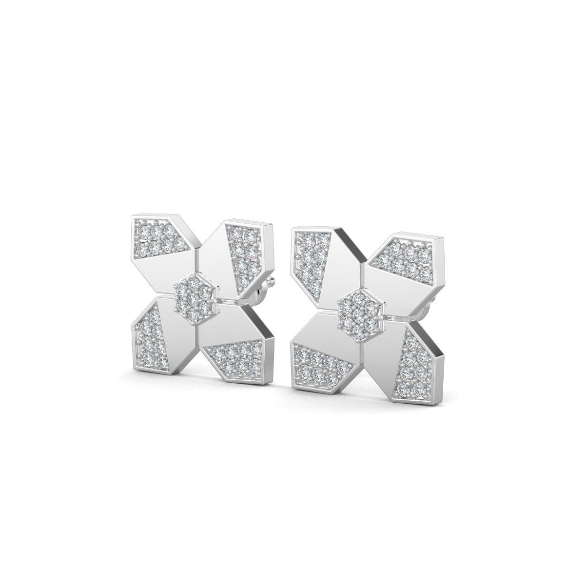 White Gold, natural diamond earrings, Lab-grown diamond earrings, flower shape diamond studs, hexagon diamond earrings, nature-inspired jewelry, ethical diamond jewelry, sustainable luxury earrings, blossom hex diamond studs, elegant floral earrings.