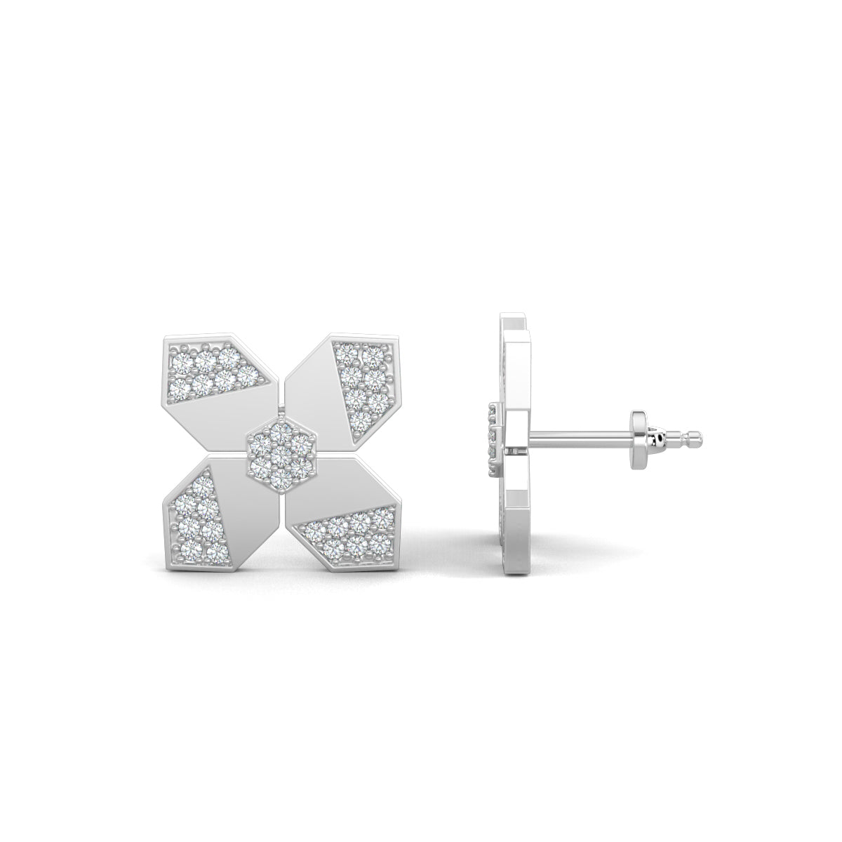 White Gold, natural diamond earrings, Lab-grown diamond earrings, flower shape diamond studs, hexagon diamond earrings, nature-inspired jewelry, ethical diamond jewelry, sustainable luxury earrings, blossom hex diamond studs, elegant floral earrings.