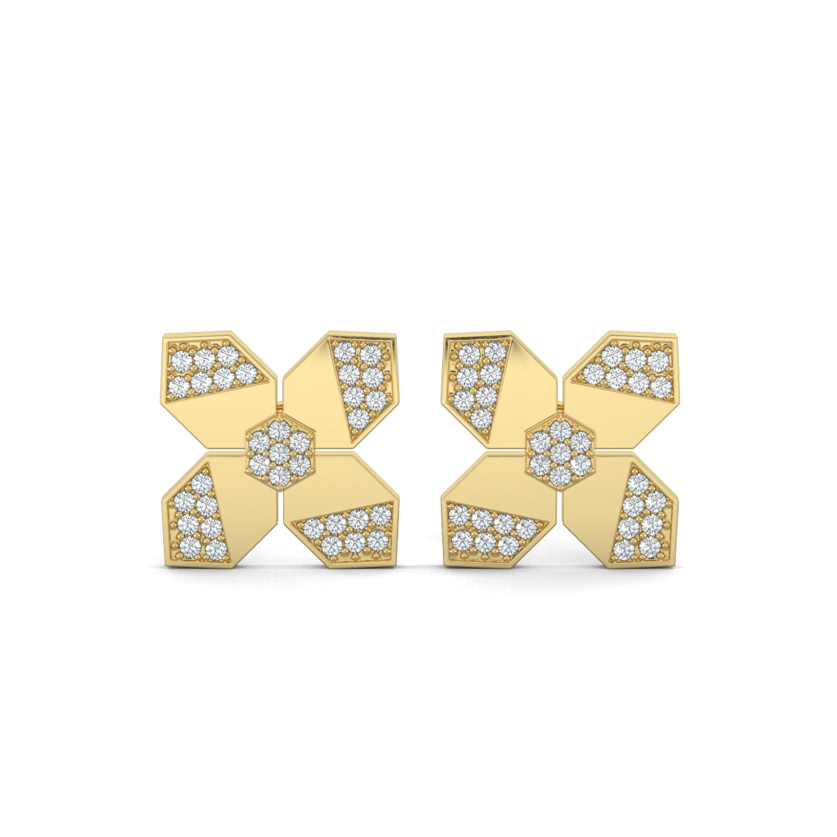 Yellow Gold, natural diamond earrings, Lab-grown diamond earrings, flower shape diamond studs, hexagon diamond earrings, nature-inspired jewelry, ethical diamond jewelry, sustainable luxury earrings, blossom hex diamond studs, elegant floral earrings.
