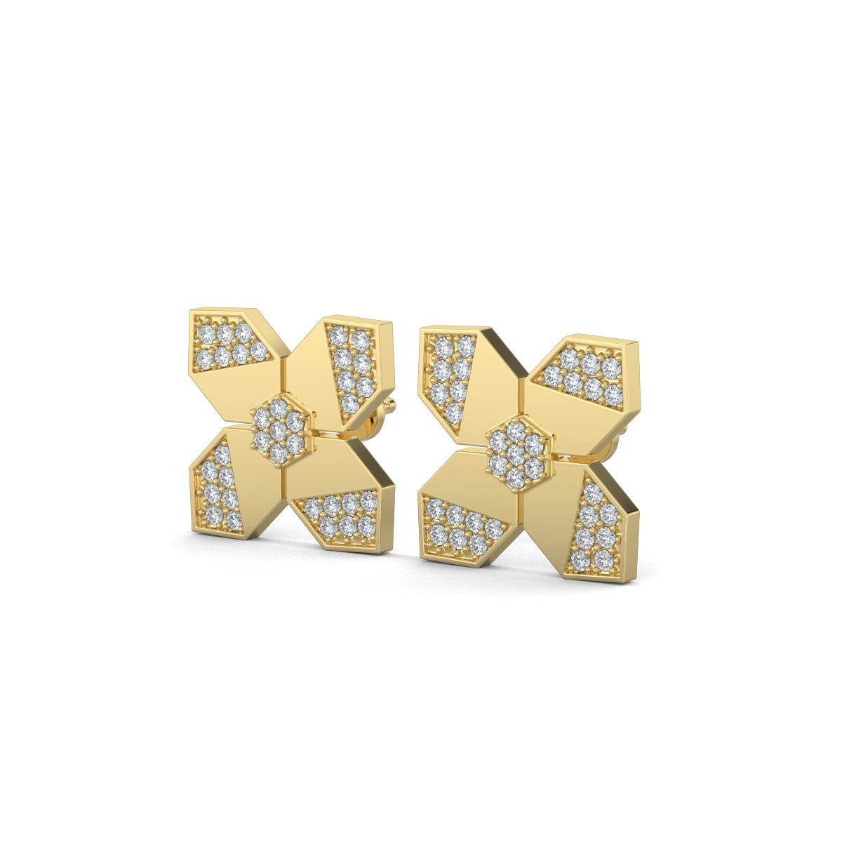 Yellow Gold, natural diamond earrings, Lab-grown diamond earrings, flower shape diamond studs, hexagon diamond earrings, nature-inspired jewelry, ethical diamond jewelry, sustainable luxury earrings, blossom hex diamond studs, elegant floral earrings.