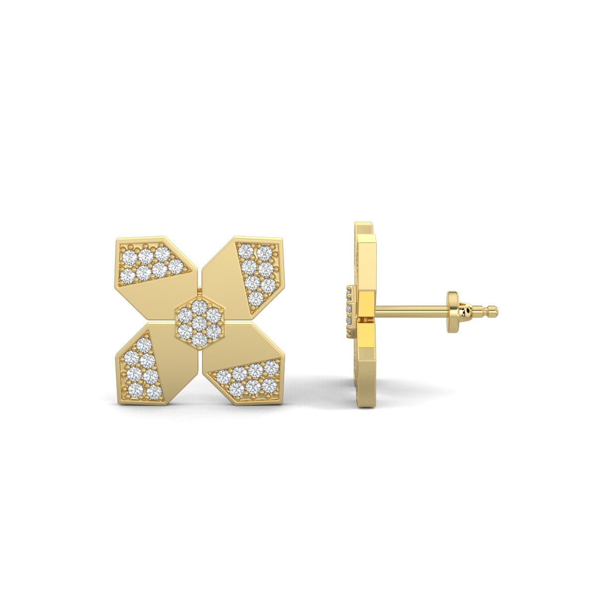 Yellow Gold, natural diamond earrings, Lab-grown diamond earrings, flower shape diamond studs, hexagon diamond earrings, nature-inspired jewelry, ethical diamond jewelry, sustainable luxury earrings, blossom hex diamond studs, elegant floral earrings.