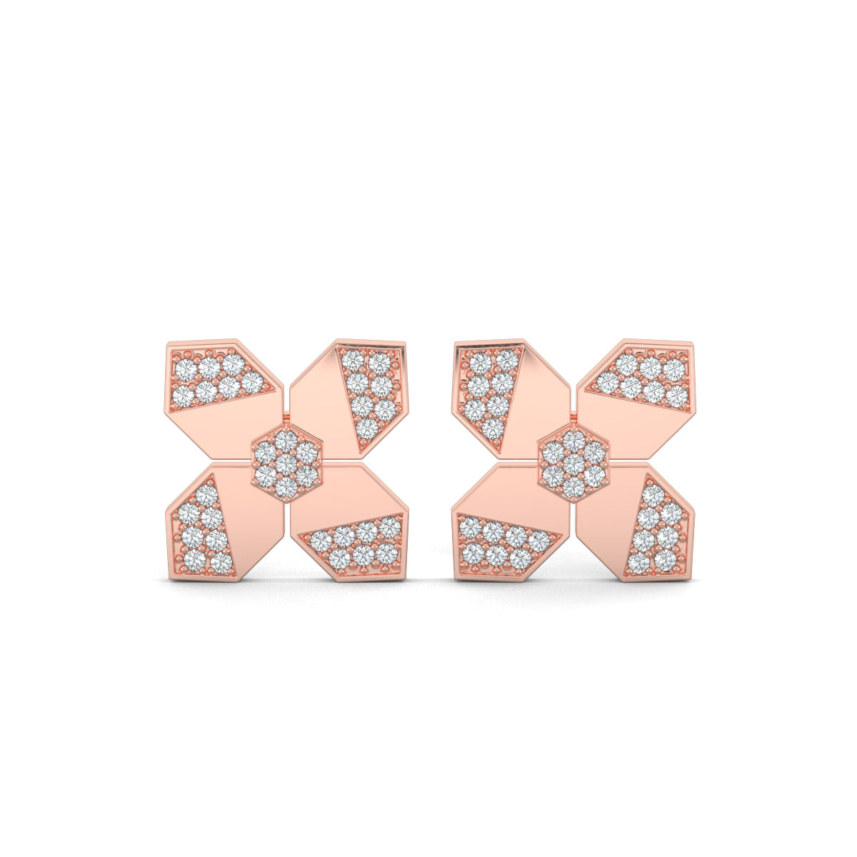 Rose Gold, natural diamond earrings, Lab-grown diamond earrings, flower shape diamond studs, hexagon diamond earrings, nature-inspired jewelry, ethical diamond jewelry, sustainable luxury earrings, blossom hex diamond studs, elegant floral earrings.