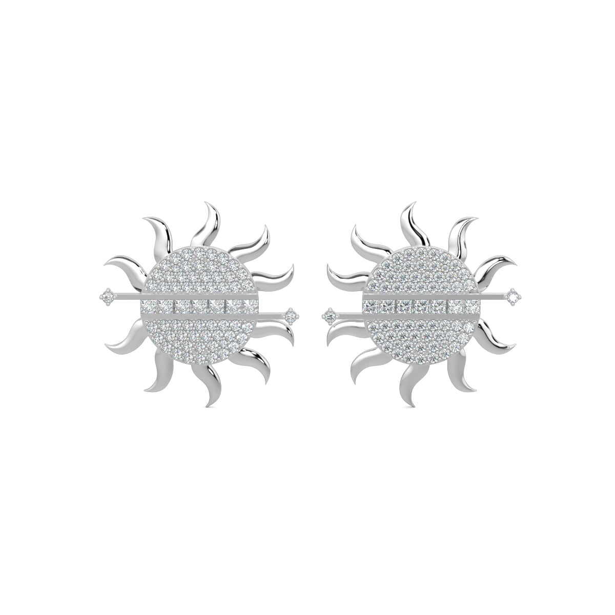 White Gold, Diamond Earrings, Sunburst diamond stud earrings, lab-grown diamonds, sun-shaped earrings, radiant diamonds, baguette-cut gems, elegant earrings, sparkling jewelry.