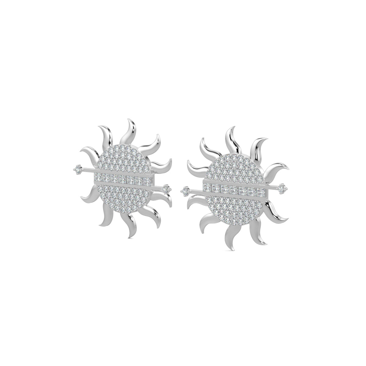 White Gold, Diamond Earrings, Sunburst diamond stud earrings, lab-grown diamonds, sun-shaped earrings, radiant diamonds, baguette-cut gems, elegant earrings, sparkling jewelry.