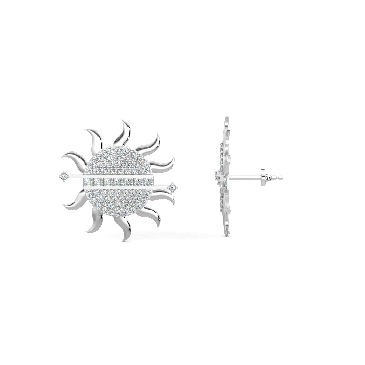 White Gold, Diamond Earrings, Sunburst diamond stud earrings, lab-grown diamonds, sun-shaped earrings, radiant diamonds, baguette-cut gems, elegant earrings, sparkling jewelry.