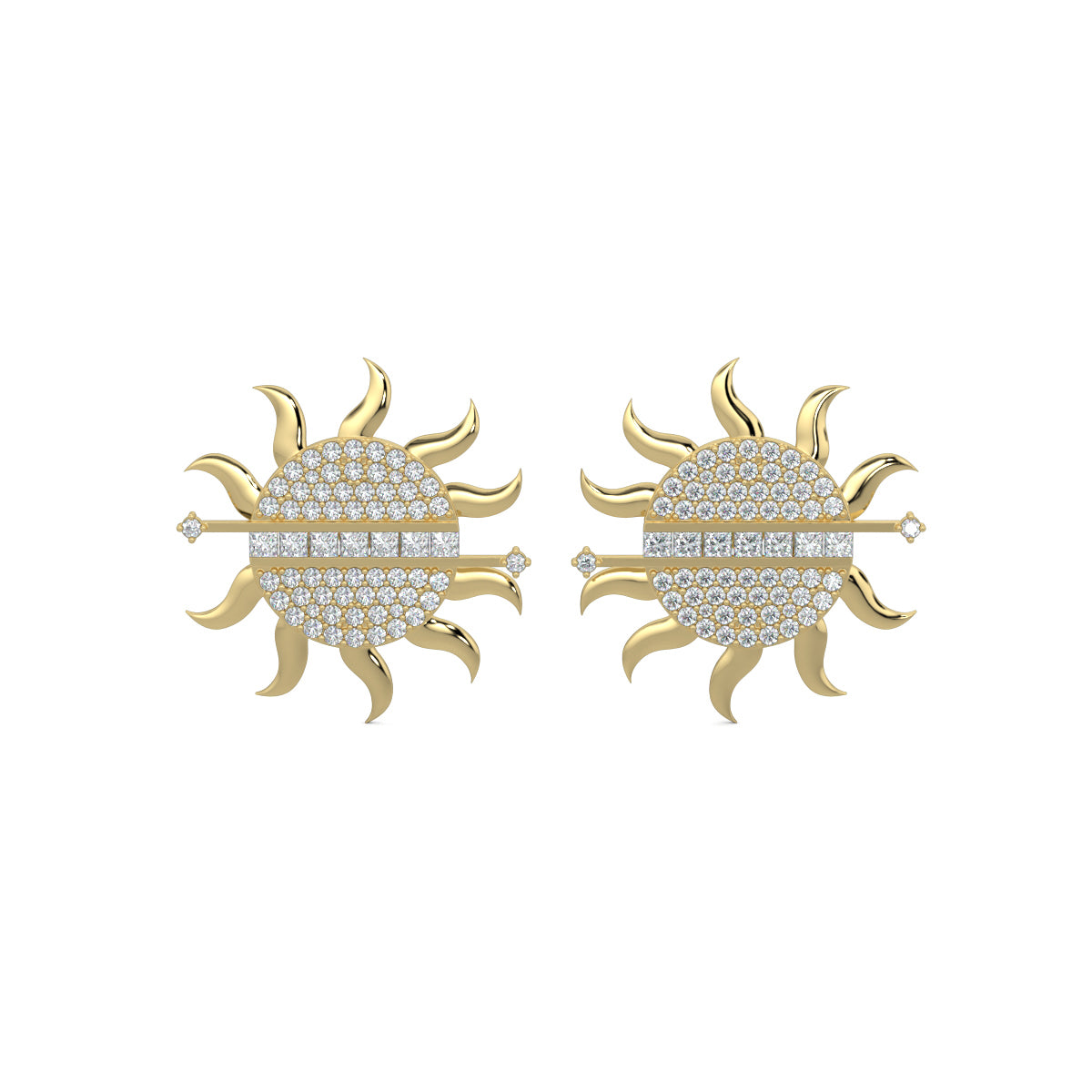 Yellow Gold, Diamond Earrings, Sunburst diamond stud earrings, lab-grown diamonds, sun-shaped earrings, radiant diamonds, baguette-cut gems, elegant earrings, sparkling jewelry.