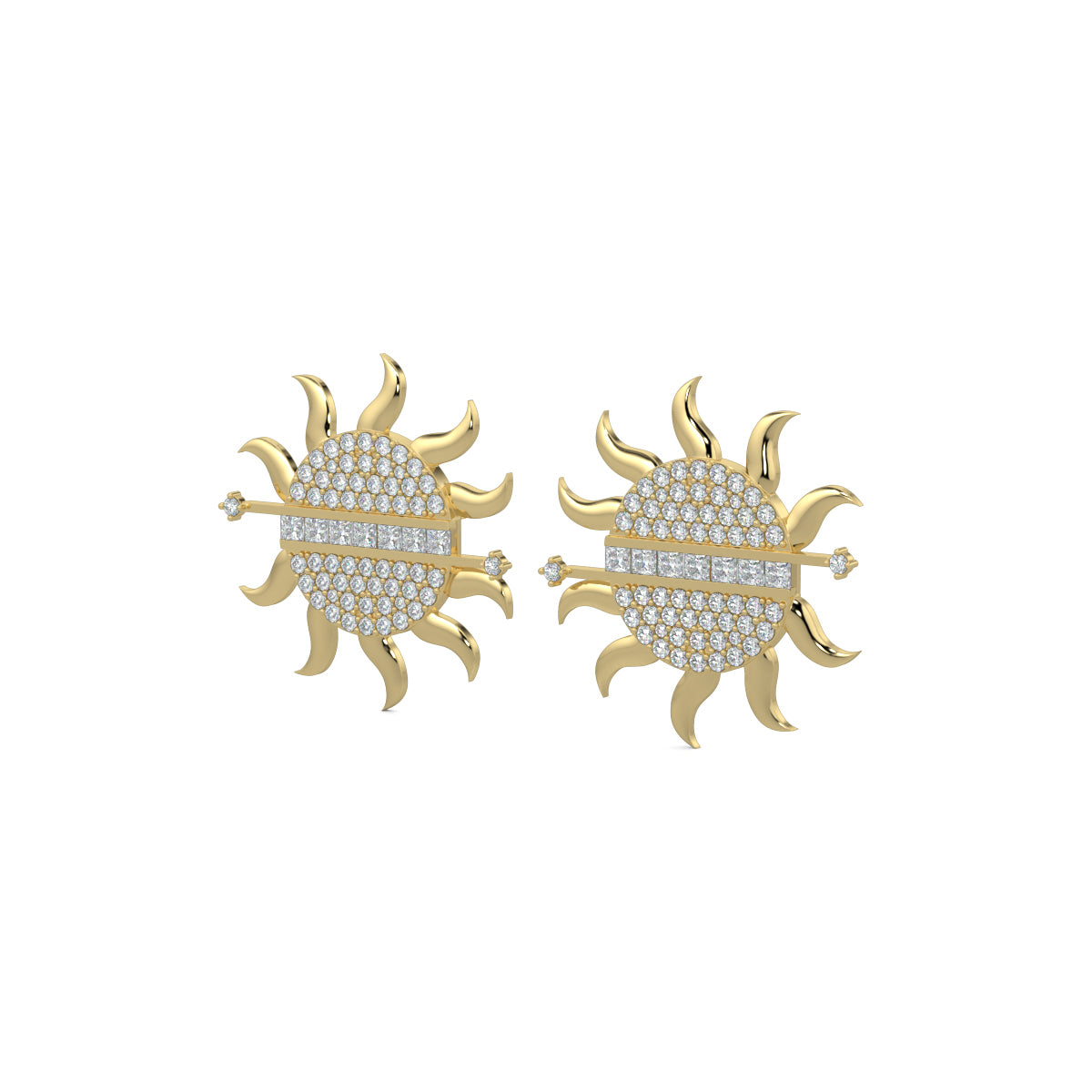 Yellow Gold, Diamond Earrings, Sunburst diamond stud earrings, lab-grown diamonds, sun-shaped earrings, radiant diamonds, baguette-cut gems, elegant earrings, sparkling jewelry.