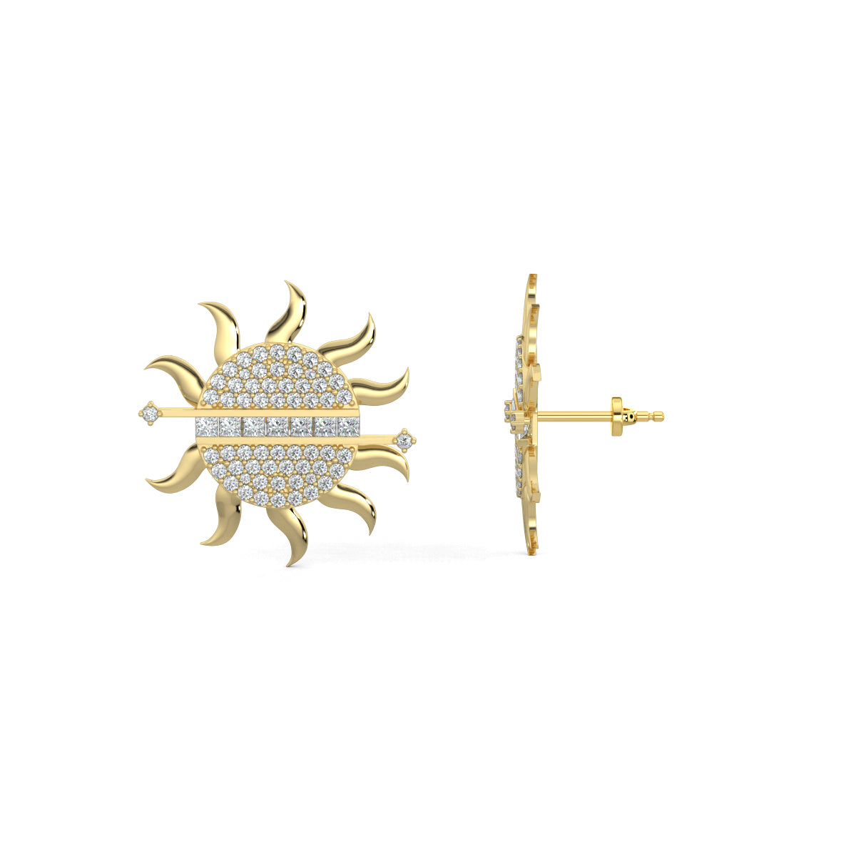 Yellow Gold, Diamond Earrings, Sunburst diamond stud earrings, lab-grown diamonds, sun-shaped earrings, radiant diamonds, baguette-cut gems, elegant earrings, sparkling jewelry.