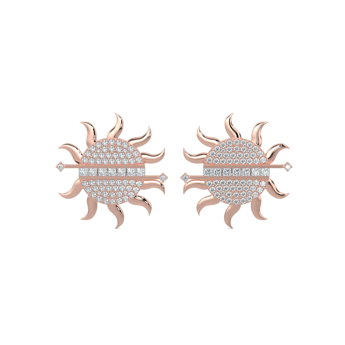 Rose Gold, Diamond Earrings, Sunburst diamond stud earrings, lab-grown diamonds, sun-shaped earrings, radiant diamonds, baguette-cut gems, elegant earrings, sparkling jewelry.