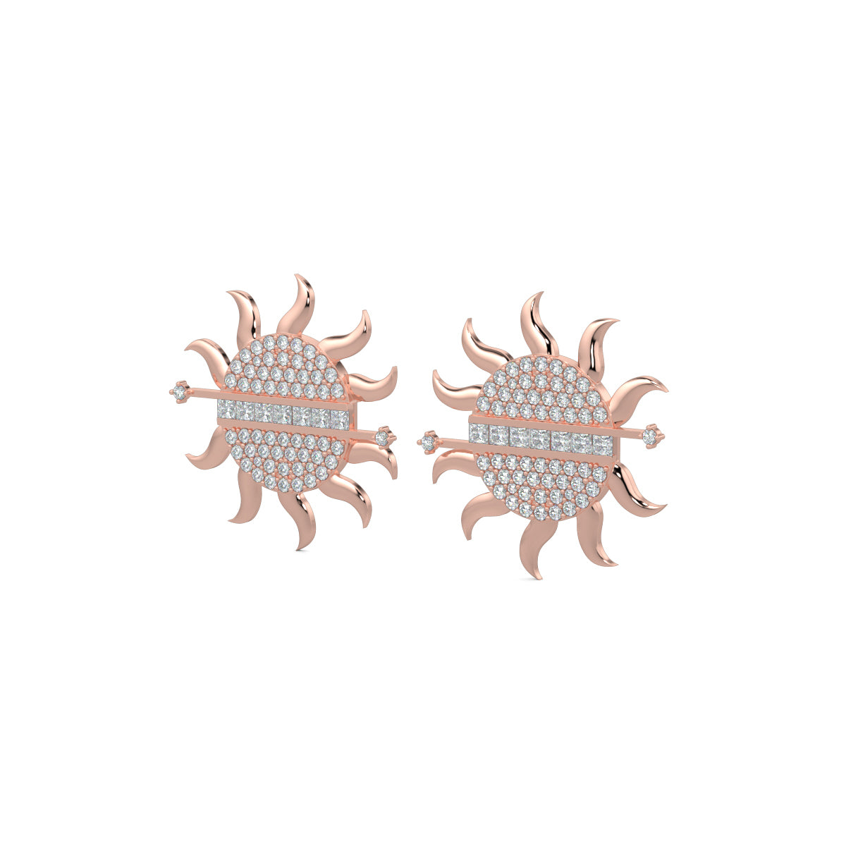Rose Gold, Diamond Earrings, Sunburst diamond stud earrings, lab-grown diamonds, sun-shaped earrings, radiant diamonds, baguette-cut gems, elegant earrings, sparkling jewelry.