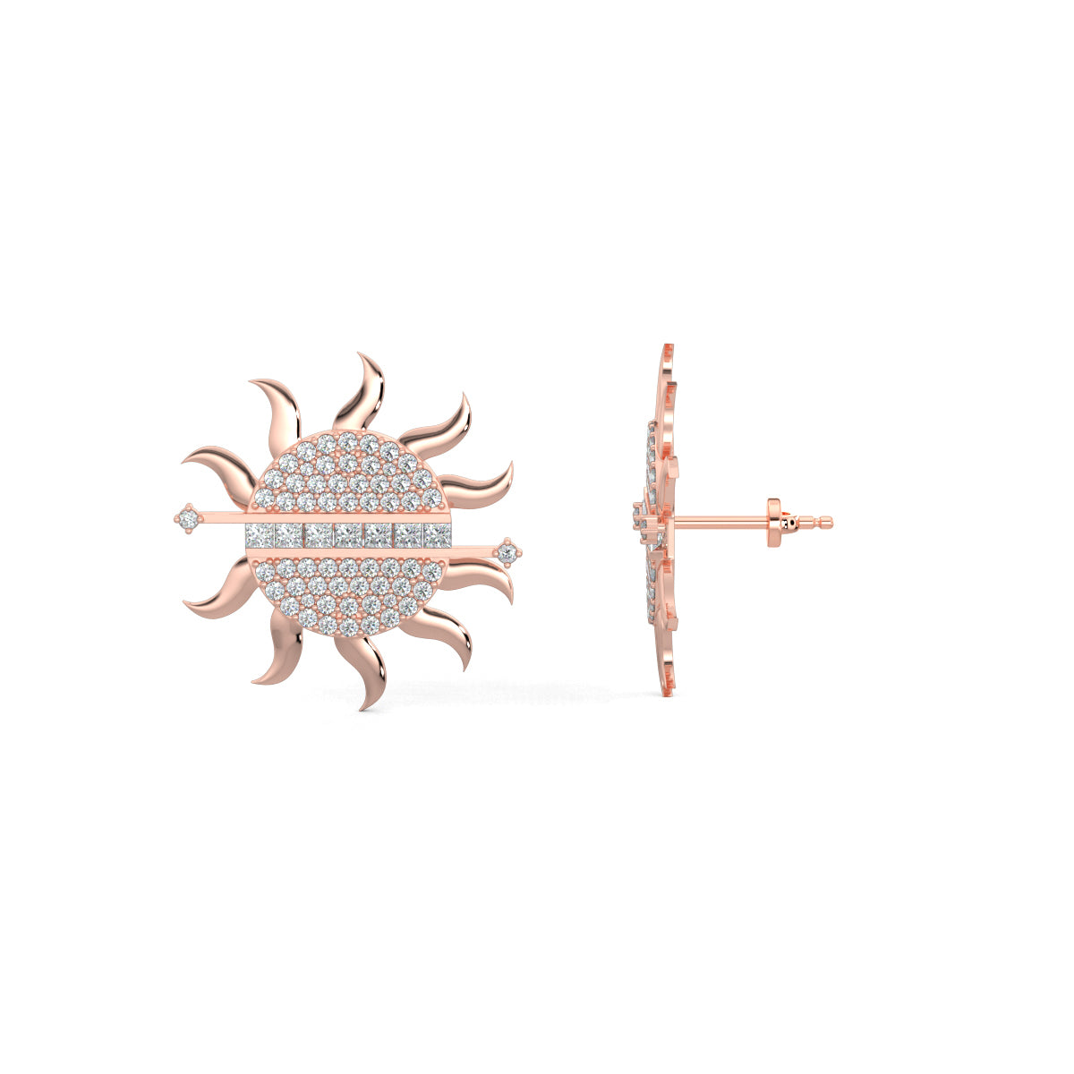 Rose Gold, Diamond Earrings, Sunburst diamond stud earrings, lab-grown diamonds, sun-shaped earrings, radiant diamonds, baguette-cut gems, elegant earrings, sparkling jewelry.