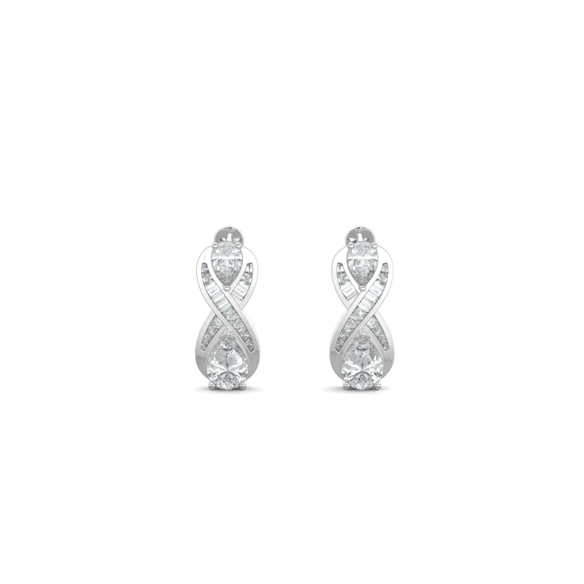 White Gold, Diamond Earrings, Natural diamond earrings, Lab-grown diamond earrings, Eight-shaped earrings, Baguette channeling, Pear diamonds, Infinite Glimmer Earrings, Sophisticated jewelry, Timeless elegance.