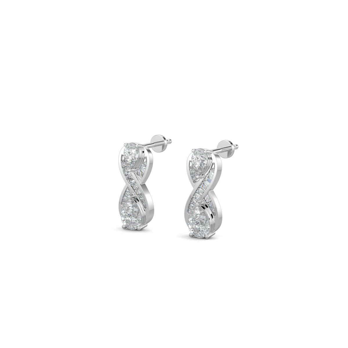 White Gold, Diamond Earrings, Natural diamond earrings, Lab-grown diamond earrings, Eight-shaped earrings, Baguette channeling, Pear diamonds, Infinite Glimmer Earrings, Sophisticated jewelry, Timeless elegance.