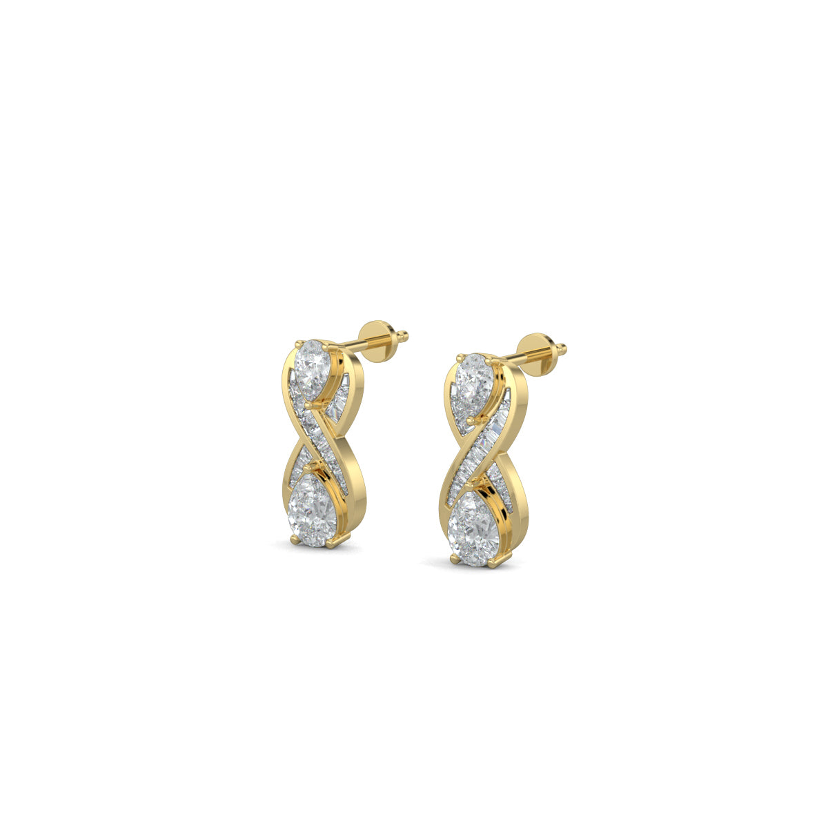 Yellow Gold, Diamond Earrings, Natural diamond earrings, Lab-grown diamond earrings, Eight-shaped earrings, Baguette channeling, Pear diamonds, Infinite Glimmer Earrings, Sophisticated jewelry, Timeless elegance.