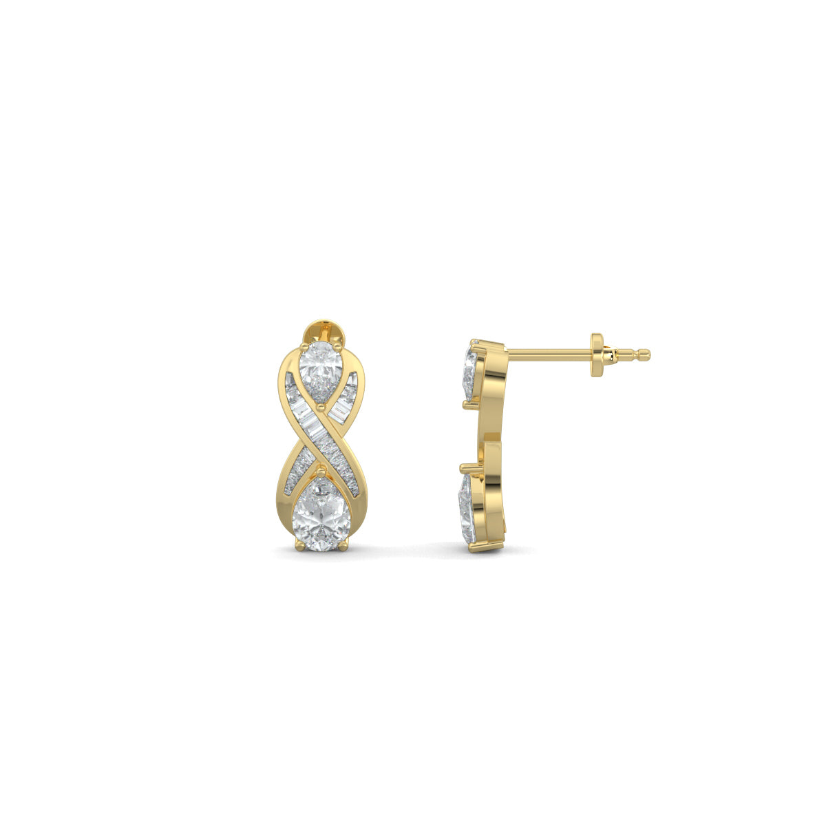 Yellow Gold, Diamond Earrings, Natural diamond earrings, Lab-grown diamond earrings, Eight-shaped earrings, Baguette channeling, Pear diamonds, Infinite Glimmer Earrings, Sophisticated jewelry, Timeless elegance.