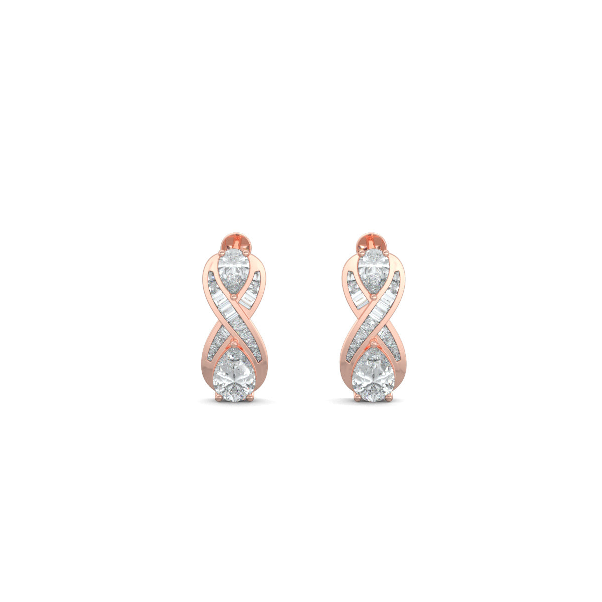 Rose Gold, Diamond Earrings, Natural diamond earrings, Lab-grown diamond earrings, Eight-shaped earrings, Baguette channeling, Pear diamonds, Infinite Glimmer Earrings, Sophisticated jewelry, Timeless elegance.