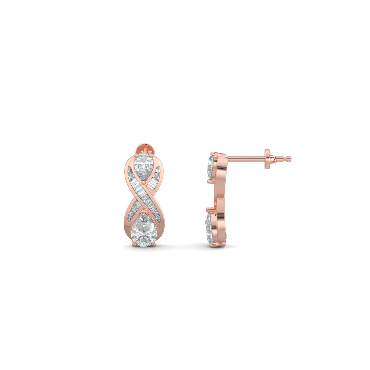 Rose Gold, Diamond Earrings, Natural diamond earrings, Lab-grown diamond earrings, Eight-shaped earrings, Baguette channeling, Pear diamonds, Infinite Glimmer Earrings, Sophisticated jewelry, Timeless elegance.