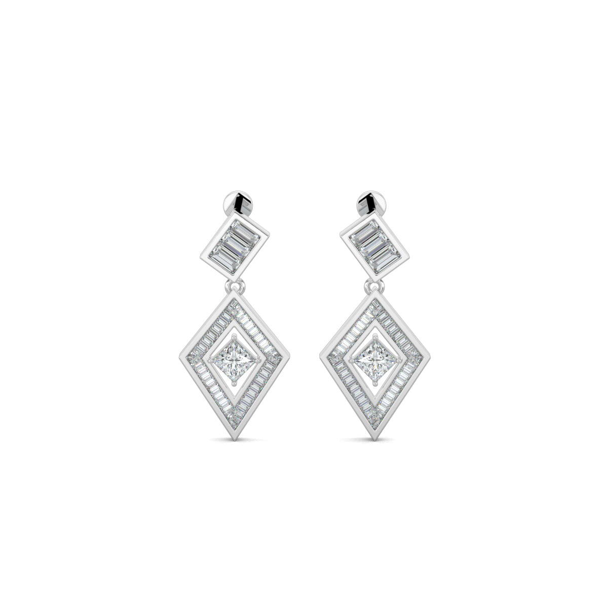 White Gold, Diamond Earrings, Natural diamond earrings, Lab-grown diamond earrings, PrismKite Earrings, Mid-length diamond earrings, Baguette-cut diamonds, Princess-cut diamond, Kite-shaped earrings, Modern diamond jewelry, Contemporary earrings, Luxury diamond earrings.