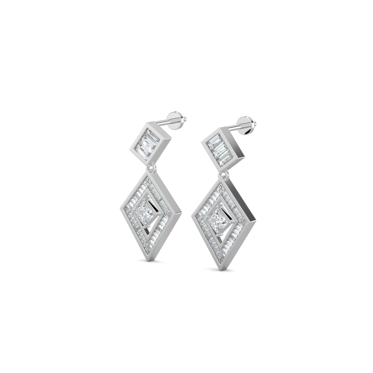 White Gold, Diamond Earrings, Natural diamond earrings, Lab-grown diamond earrings, PrismKite Earrings, Mid-length diamond earrings, Baguette-cut diamonds, Princess-cut diamond, Kite-shaped earrings, Modern diamond jewelry, Contemporary earrings, Luxury diamond earrings.