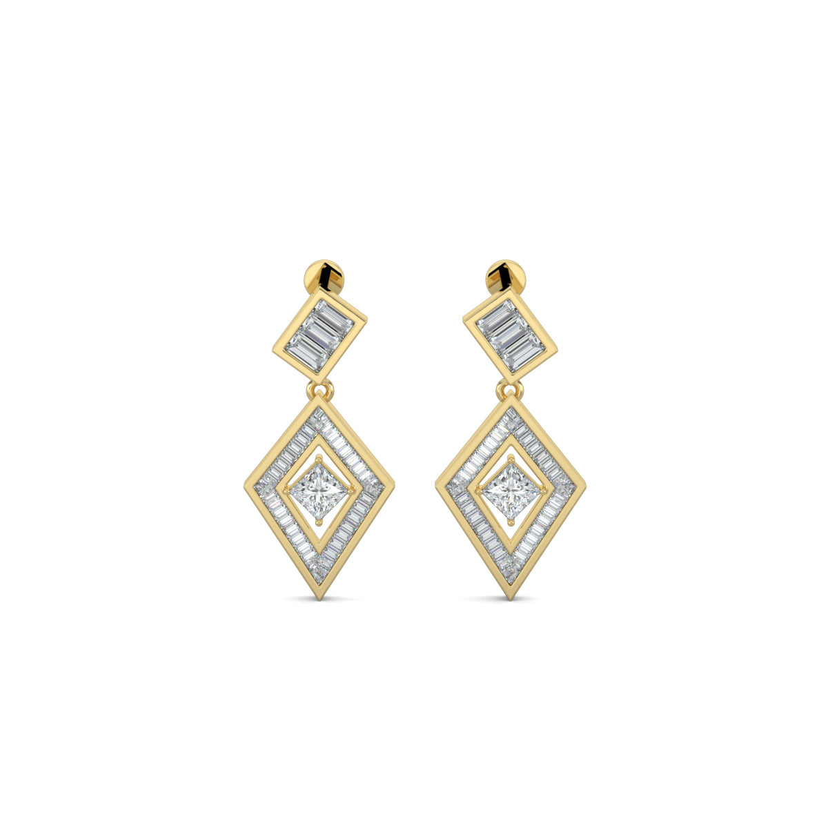 Yellow Gold, Diamond Earrings, Natural diamond earrings, Lab-grown diamond earrings, PrismKite Earrings, Mid-length diamond earrings, Baguette-cut diamonds, Princess-cut diamond, Kite-shaped earrings, Modern diamond jewelry, Contemporary earrings, Luxury diamond earrings.