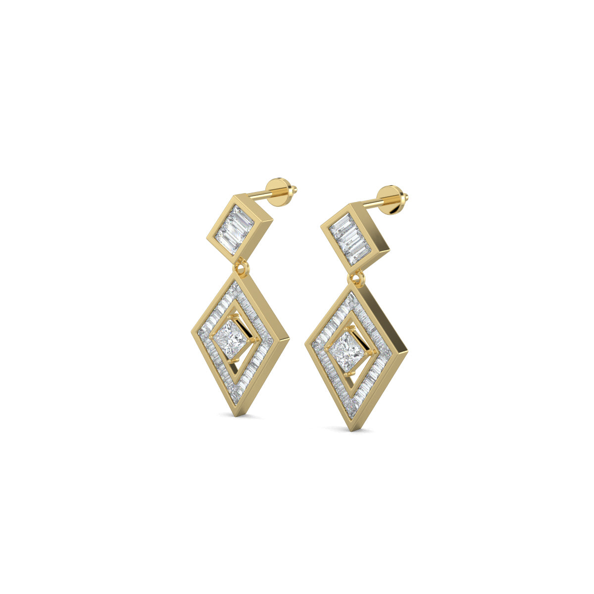 Yellow Gold, Diamond Earrings, Natural diamond earrings, Lab-grown diamond earrings, PrismKite Earrings, Mid-length diamond earrings, Baguette-cut diamonds, Princess-cut diamond, Kite-shaped earrings, Modern diamond jewelry, Contemporary earrings, Luxury diamond earrings.