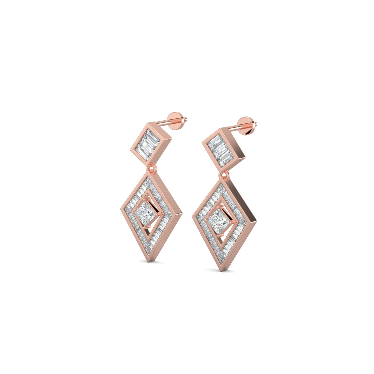 Rose Gold, Diamond Earrings, Natural diamond earrings, Lab-grown diamond earrings, PrismKite Earrings, Mid-length diamond earrings, Baguette-cut diamonds, Princess-cut diamond, Kite-shaped earrings, Modern diamond jewelry, Contemporary earrings, Luxury diamond earrings.
