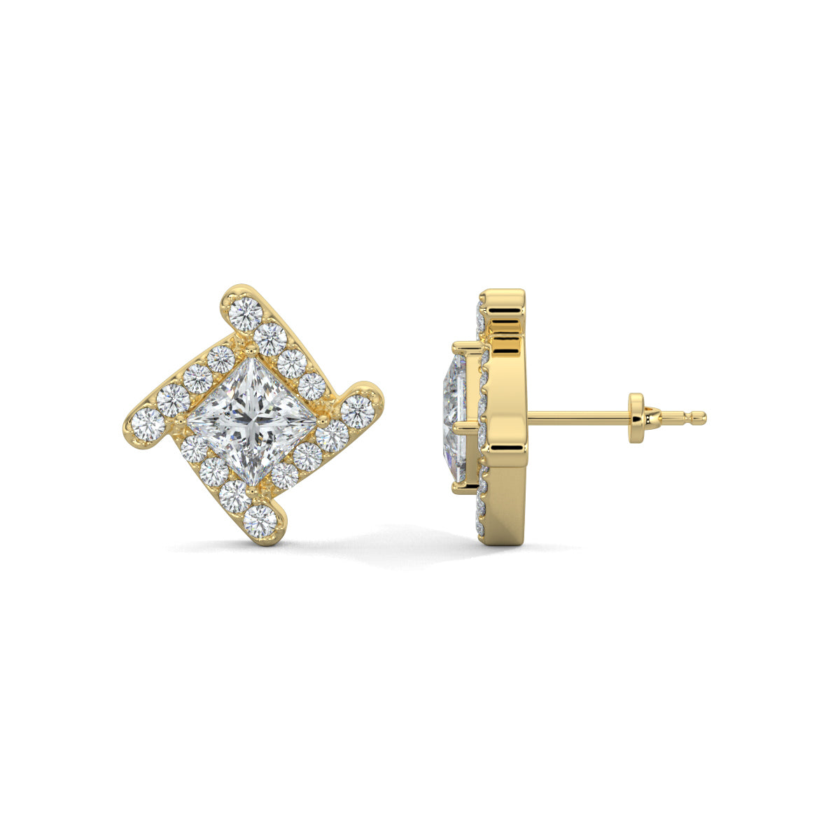 Yellow Gold, Diamond Earrings, SquareSpark Stud Earrings, Diamond Stud Earrings, Lab-Grown Diamond Earrings, Square Earrings, Princess Cut Diamonds, Modern Stud Earrings, Elegant Jewelry, Fashion Accessories
