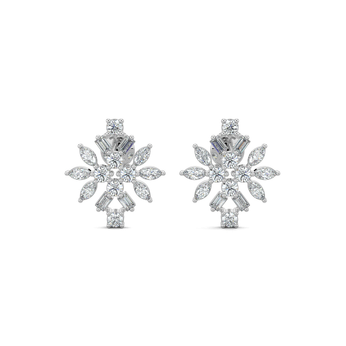 White Gold, Diamond Earrings, DiamondFusion stud earrings, natural diamonds, lab-grown diamonds, round cut diamonds, baguette cut diamonds, marquise cut diamonds, ethical diamond jewelry, sparkling diamond earrings