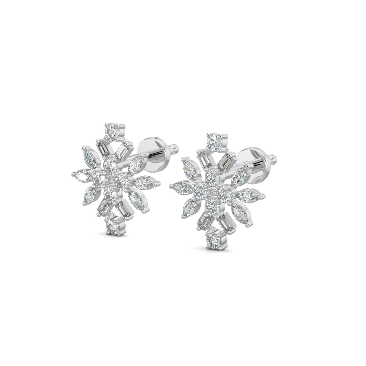 White Gold, Diamond Earrings, DiamondFusion stud earrings, natural diamonds, lab-grown diamonds, round cut diamonds, baguette cut diamonds, marquise cut diamonds, ethical diamond jewelry, sparkling diamond earrings