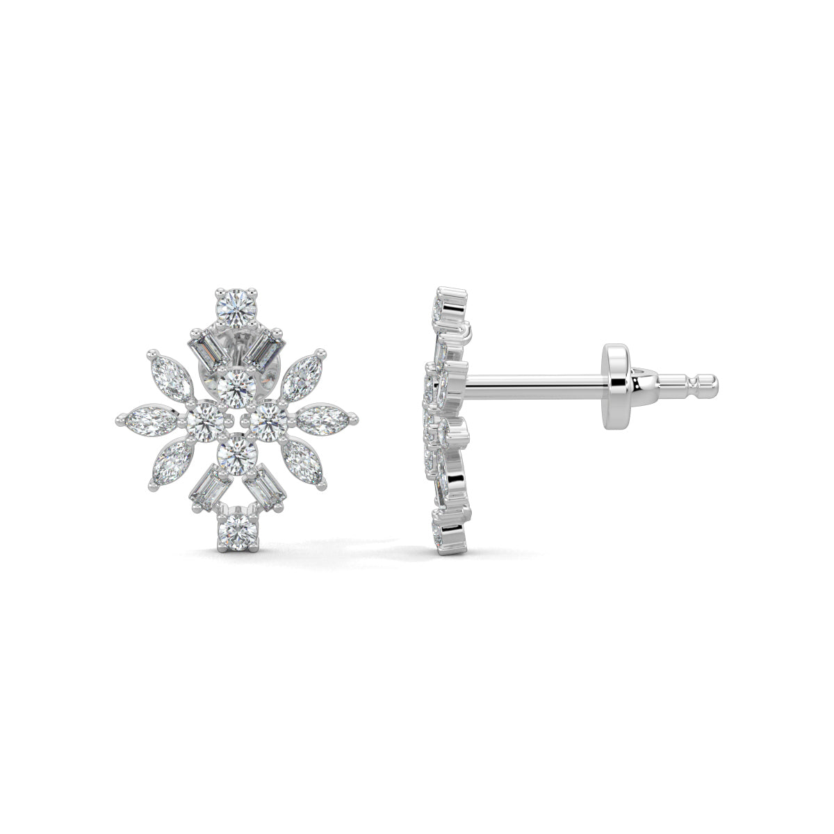 White Gold, Diamond Earrings, DiamondFusion stud earrings, natural diamonds, lab-grown diamonds, round cut diamonds, baguette cut diamonds, marquise cut diamonds, ethical diamond jewelry, sparkling diamond earrings