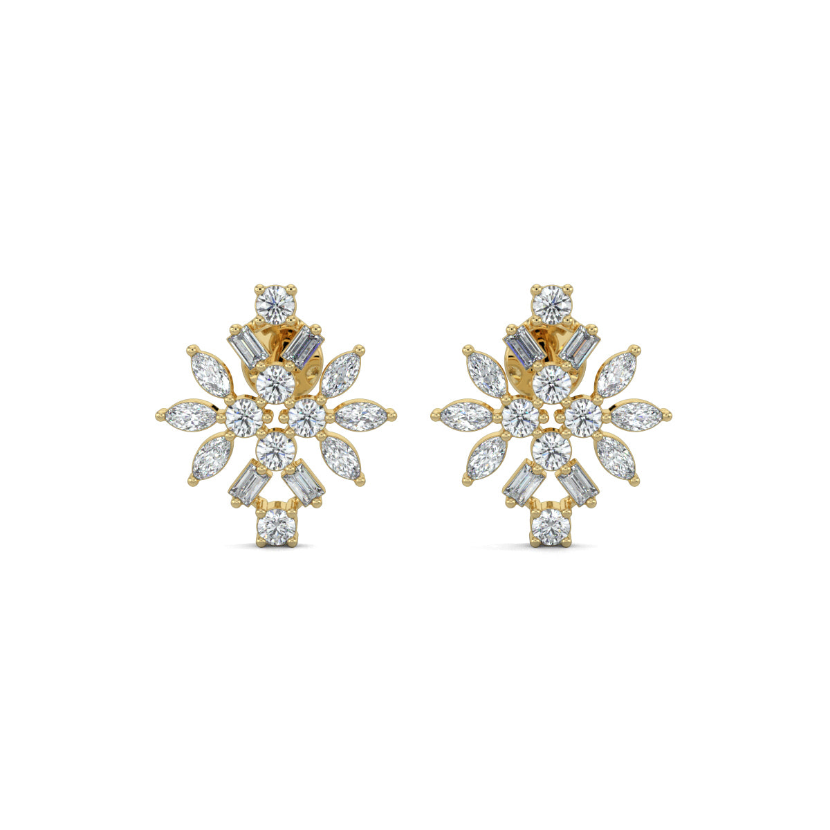 Yellow Gold, Diamond Earrings, DiamondFusion stud earrings, natural diamonds, lab-grown diamonds, round cut diamonds, baguette cut diamonds, marquise cut diamonds, ethical diamond jewelry, sparkling diamond earrings