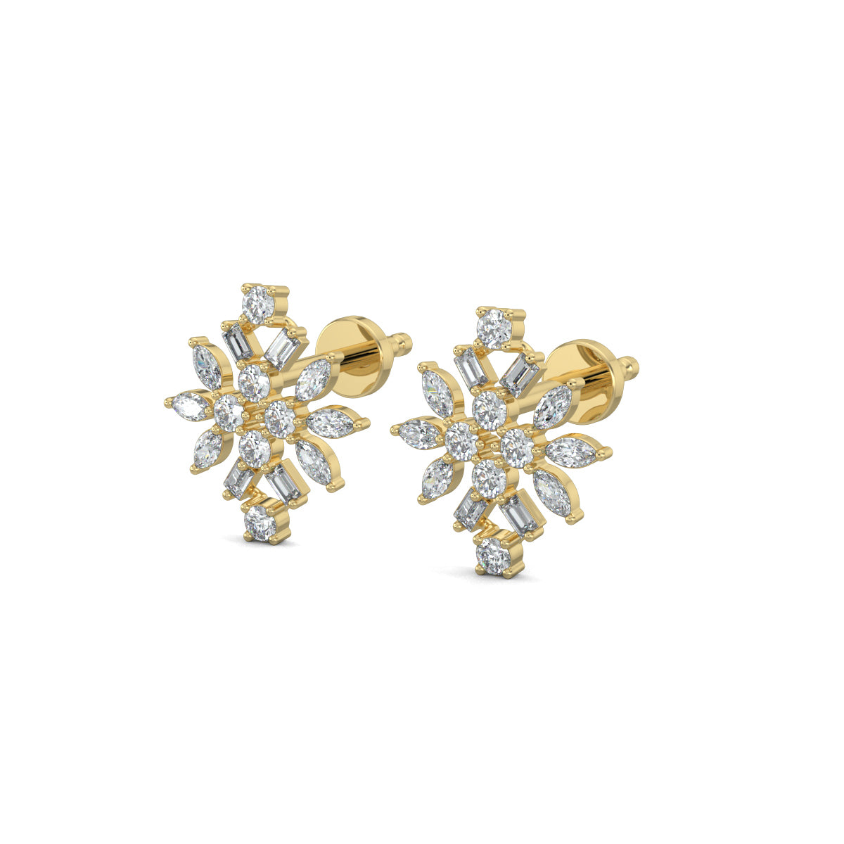 Yellow Gold, Diamond Earrings, DiamondFusion stud earrings, natural diamonds, lab-grown diamonds, round cut diamonds, baguette cut diamonds, marquise cut diamonds, ethical diamond jewelry, sparkling diamond earrings