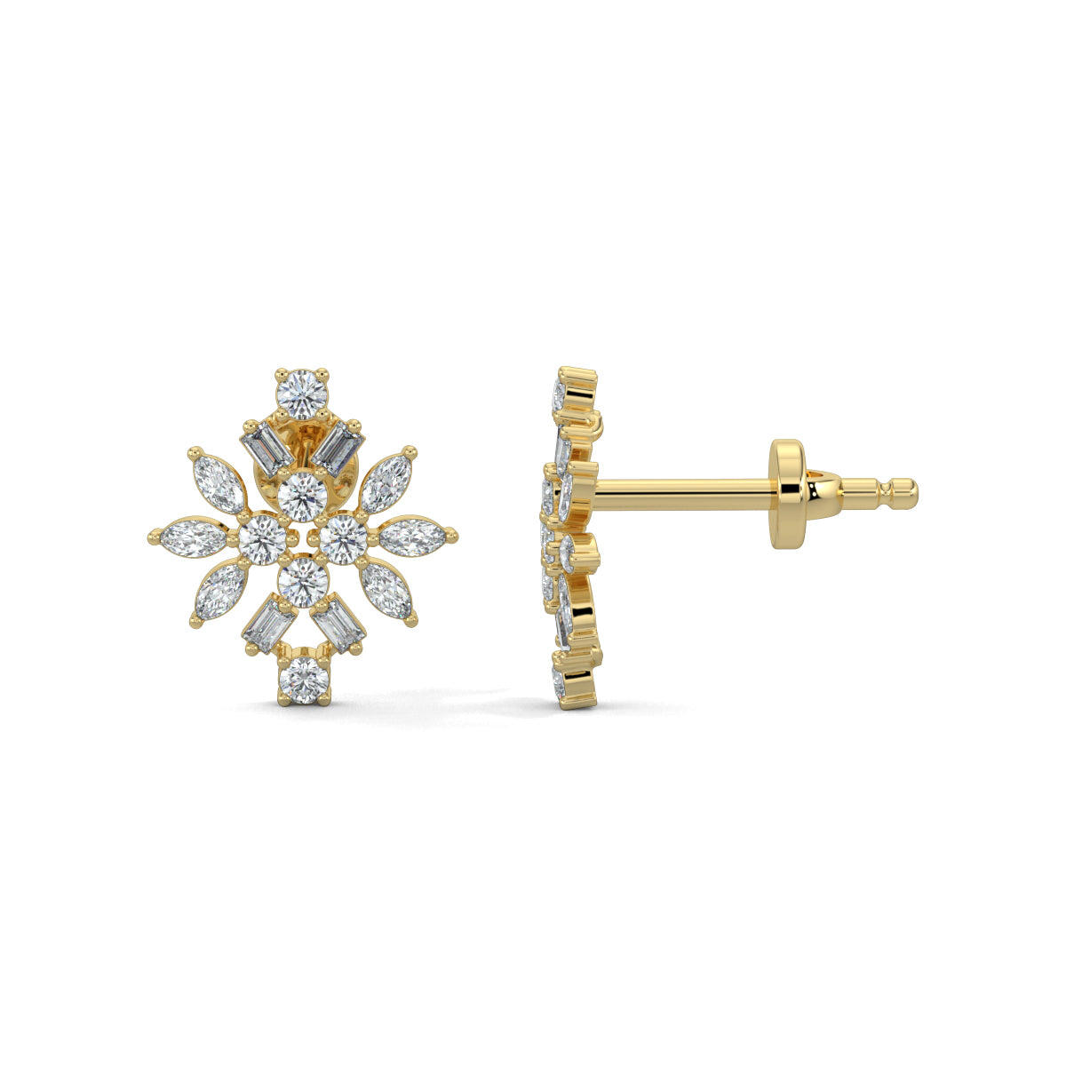 Yellow Gold, Diamond Earrings, DiamondFusion stud earrings, natural diamonds, lab-grown diamonds, round cut diamonds, baguette cut diamonds, marquise cut diamonds, ethical diamond jewelry, sparkling diamond earrings