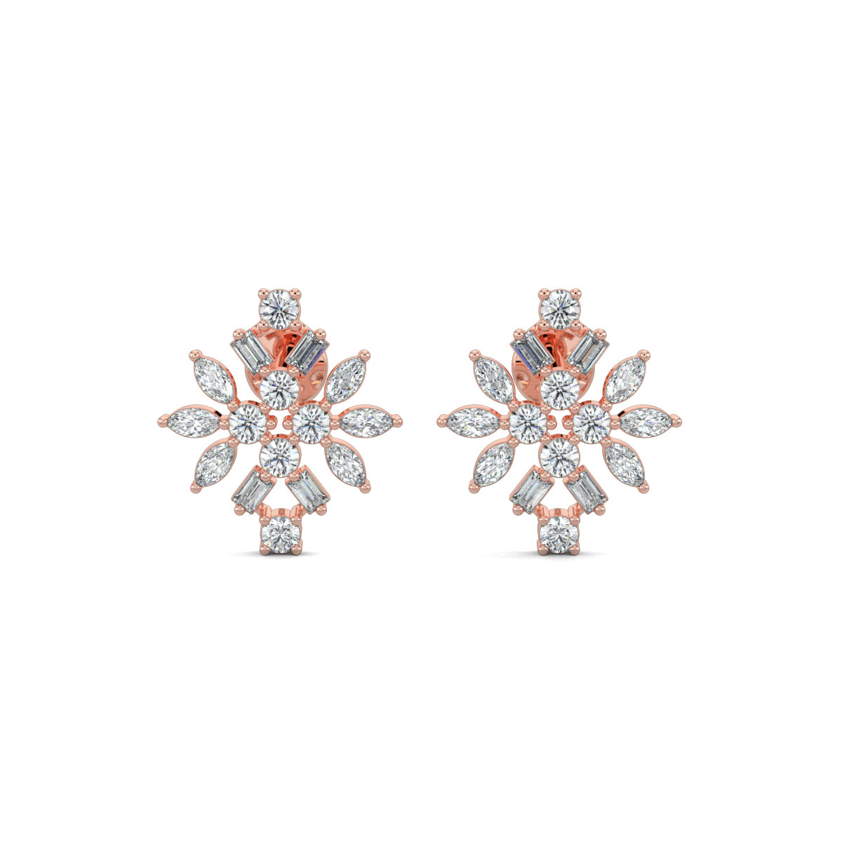 Rose Gold, Diamond Earrings, DiamondFusion stud earrings, natural diamonds, lab-grown diamonds, round cut diamonds, baguette cut diamonds, marquise cut diamonds, ethical diamond jewelry, sparkling diamond earrings