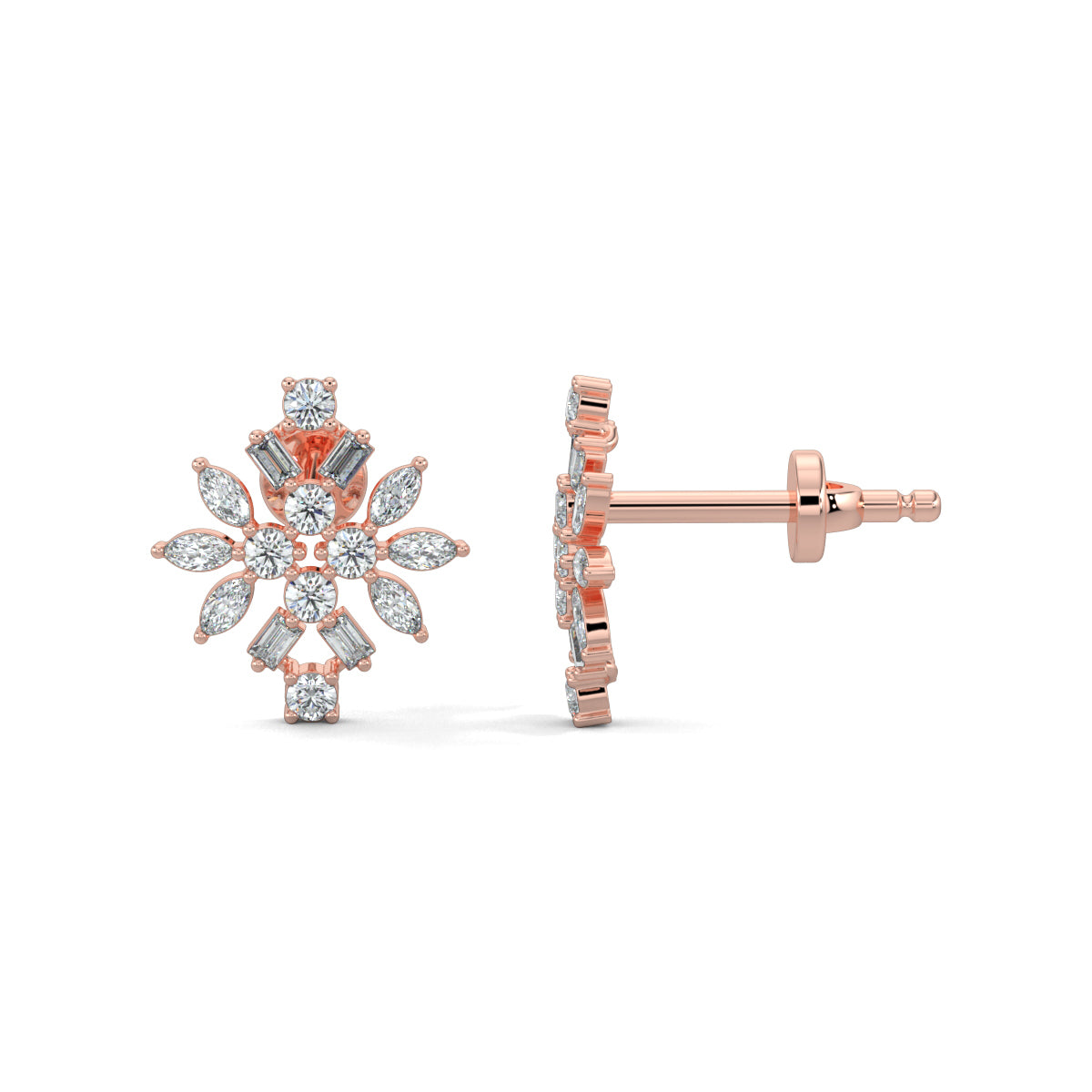 Rose Gold, Diamond Earrings, DiamondFusion stud earrings, natural diamonds, lab-grown diamonds, round cut diamonds, baguette cut diamonds, marquise cut diamonds, ethical diamond jewelry, sparkling diamond earrings