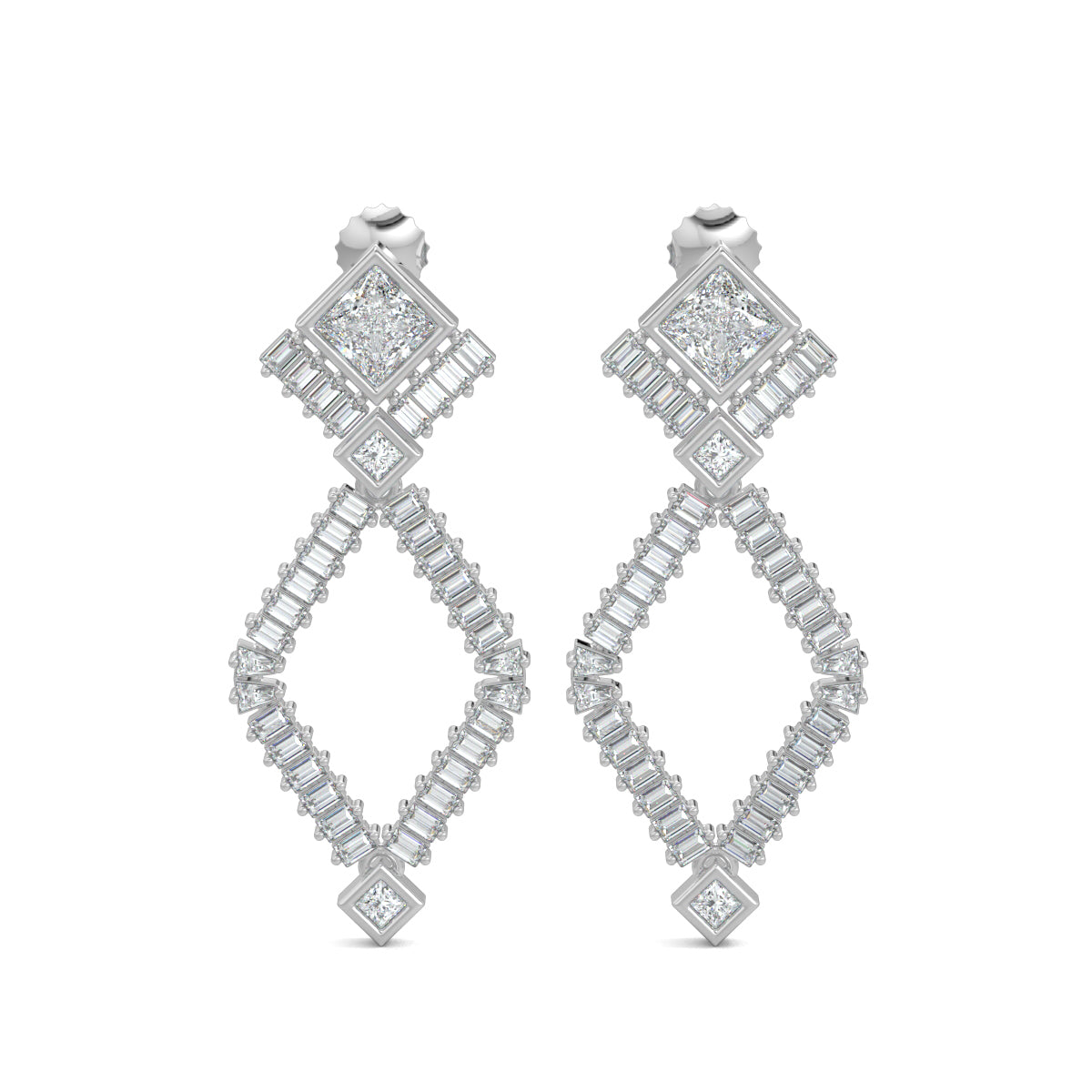 White Gold, Diamond Earrings, Natural diamond earrings, Lab-grown diamond earrings, Crystal Dream Earrings, mid-length diamond earrings, princess cut diamond, baguette diamonds, elegant earrings, sophisticated jewelry