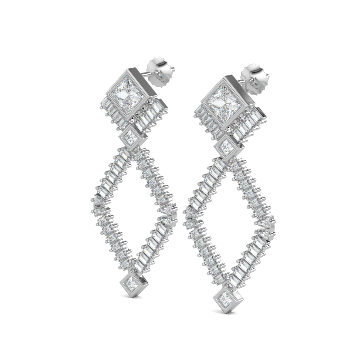 White Gold, Diamond Earrings, Natural diamond earrings, Lab-grown diamond earrings, Crystal Dream Earrings, mid-length diamond earrings, princess cut diamond, baguette diamonds, elegant earrings, sophisticated jewelry