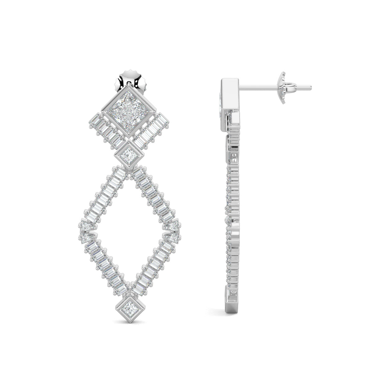White Gold, Diamond Earrings, Natural diamond earrings, Lab-grown diamond earrings, Crystal Dream Earrings, mid-length diamond earrings, princess cut diamond, baguette diamonds, elegant earrings, sophisticated jewelry